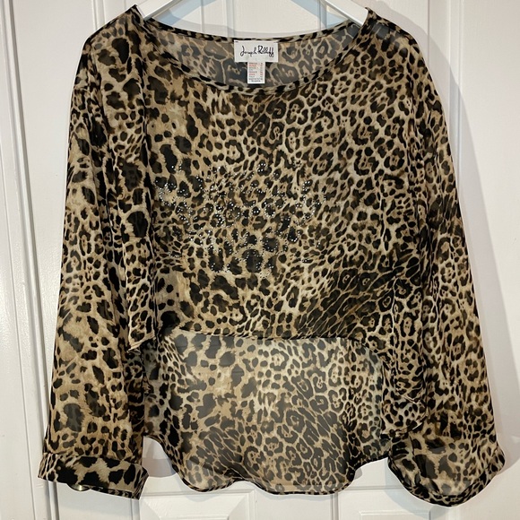 Joseph Ribkoff | Long Sleeve Sheer Chiffon Cropped High Low Leopard Sparkle Top - Picture 1 of 8